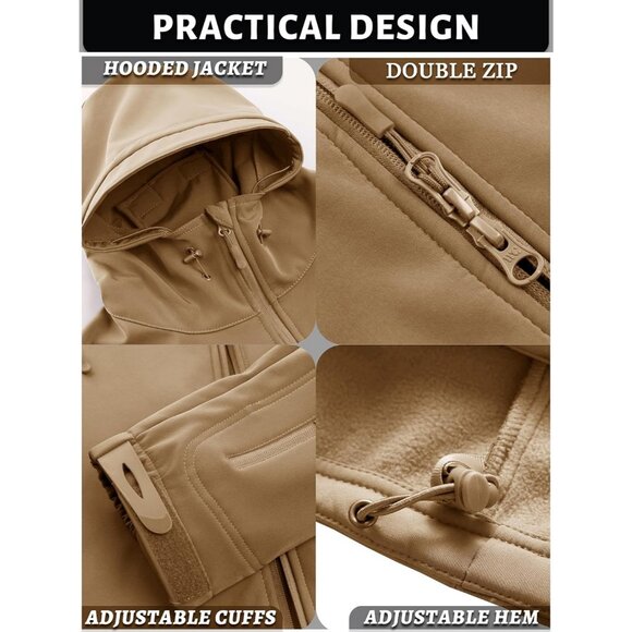 Men's #10-sand Tactical Soft Shell Winter Jacket with Fleece Lining & Hood - Picture 5 of 6